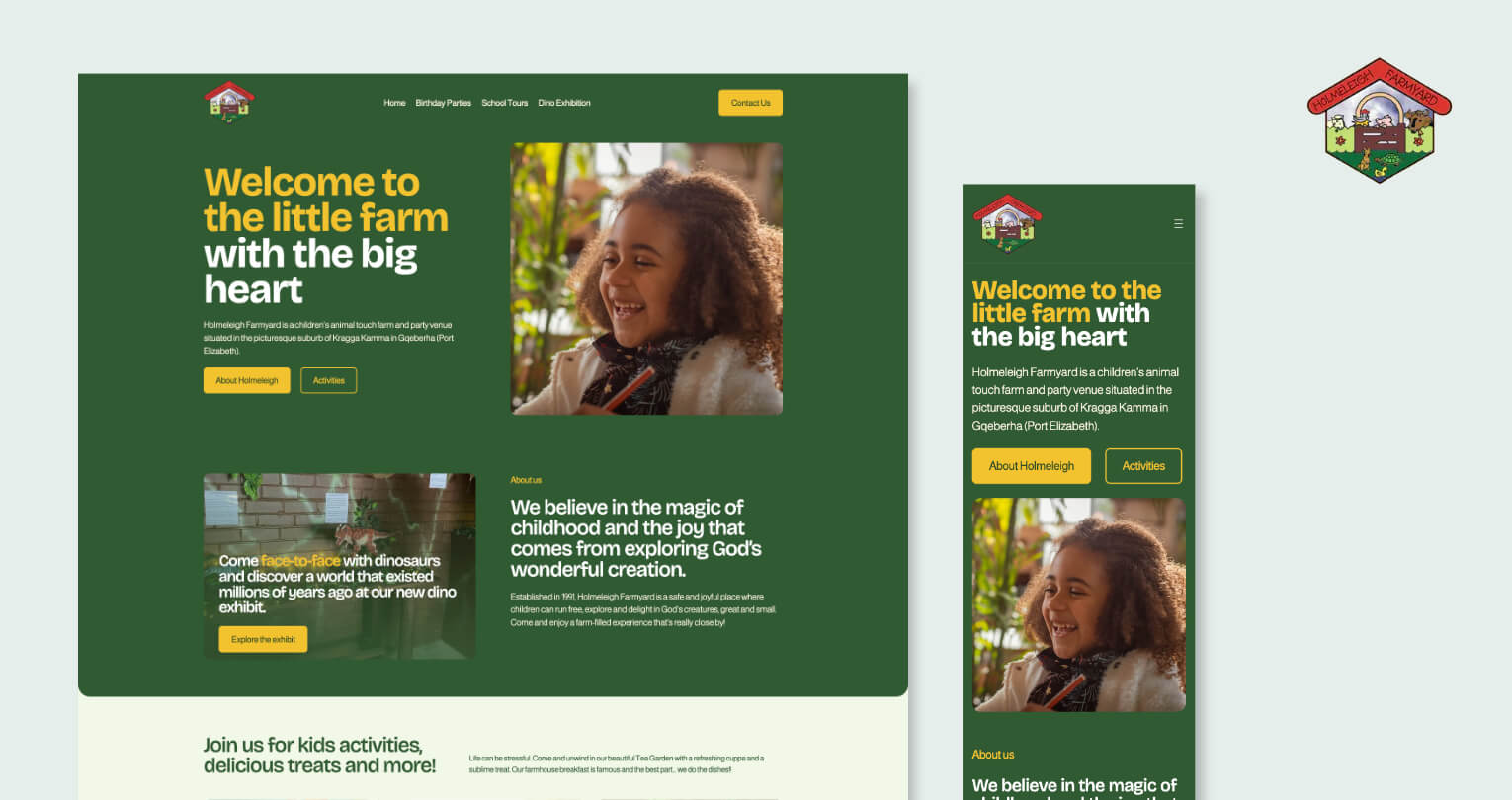 Holmeleigh Farmyard WordPress website shown on desktop and mobile